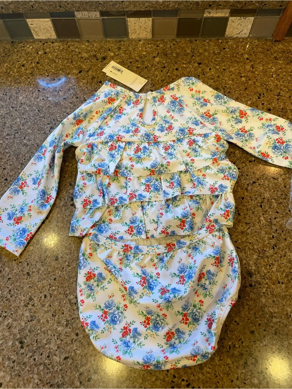 Janie and Jack Cream Floral 2 pieceRuffle Swim with Blue & Red Flowers